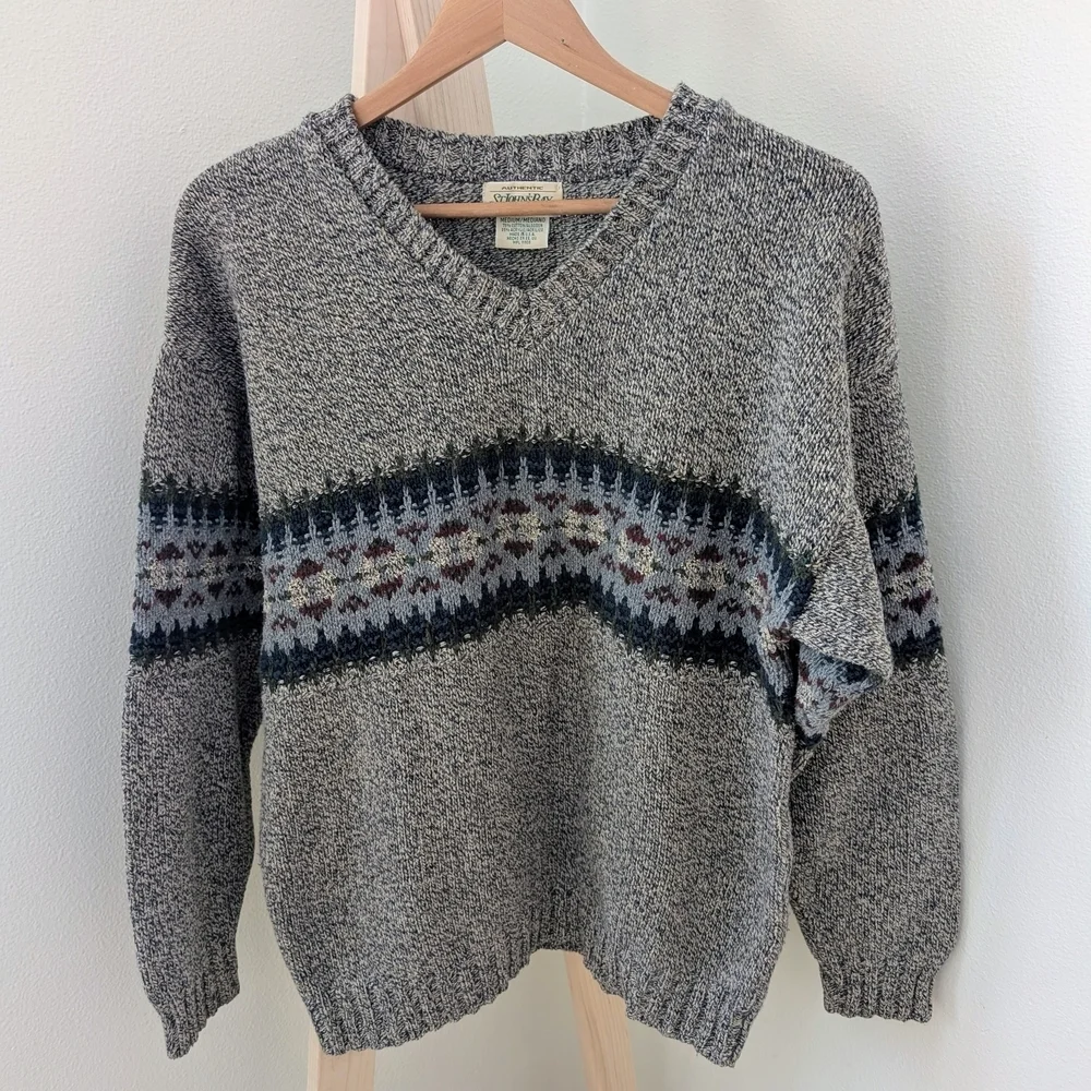 Vintage Abstract Geometric Chunky Patterned V-neck Sweater In Gray